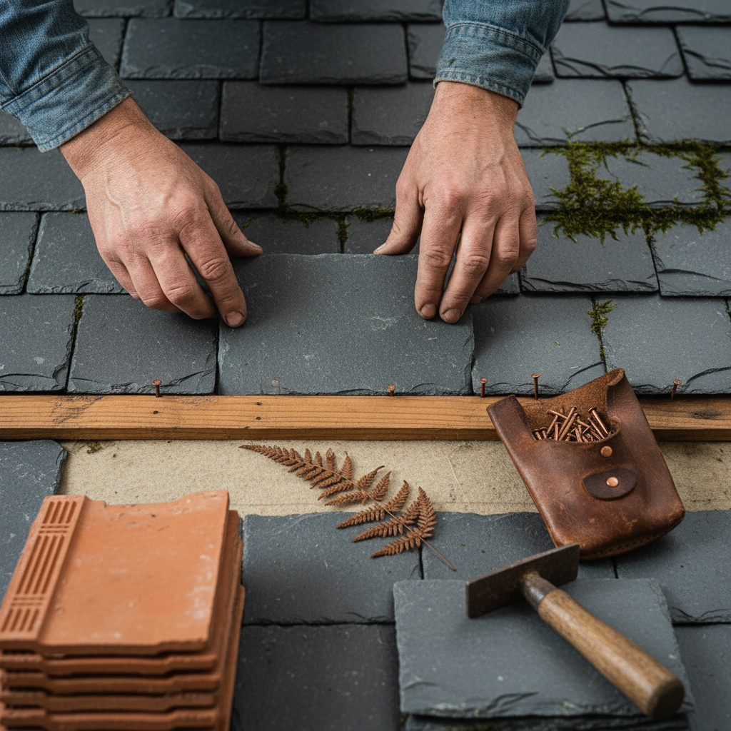 Hands sorting graded slate at a workshop bench.