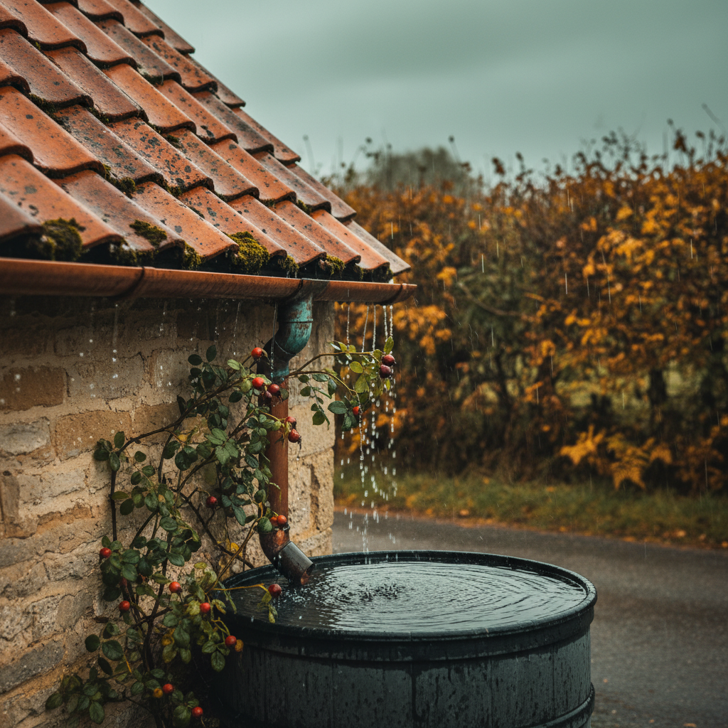 Rain at the eaves, a copper downpipe weathering green.