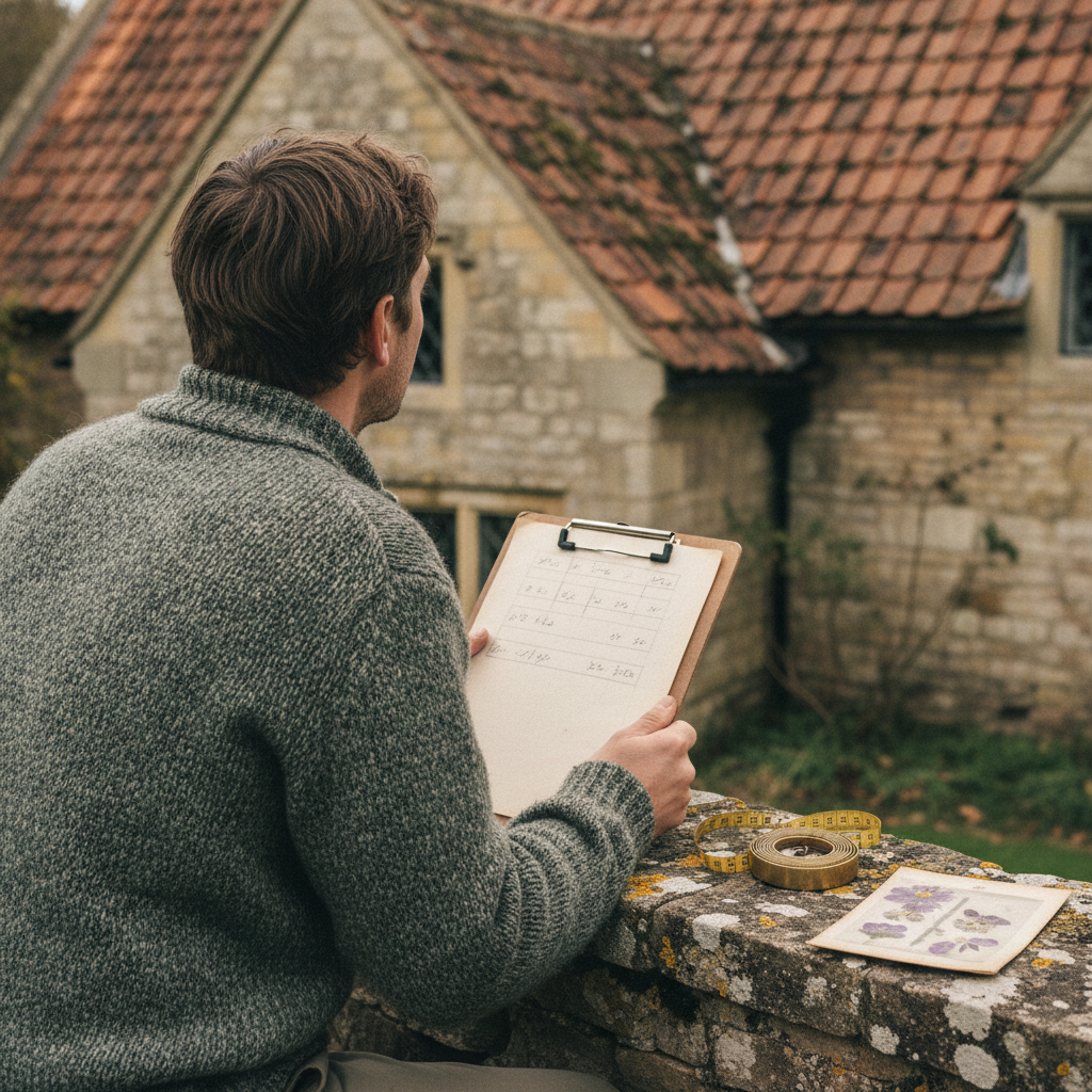 A tradesman taking measurements on a tiled roof.