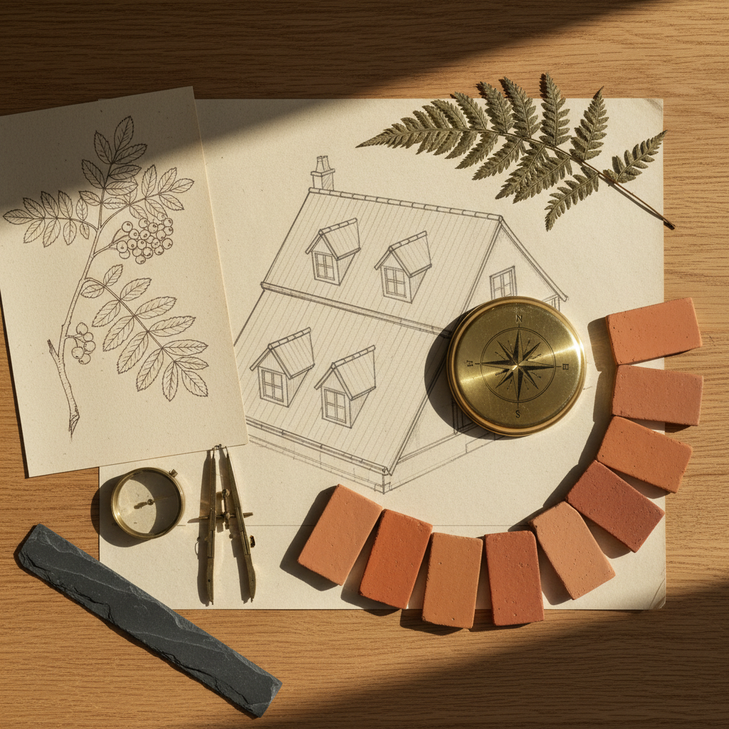 Hand-drawn drawings and slate samples on a workshop bench.
