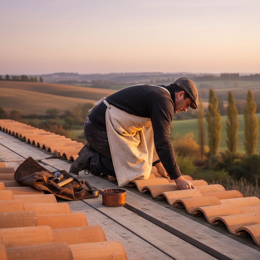 A roof mid-strip, fresh battens against an autumn sky.